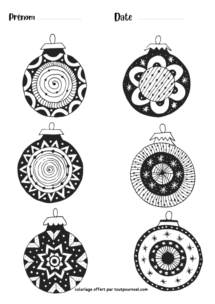6 boules de noel à colorier